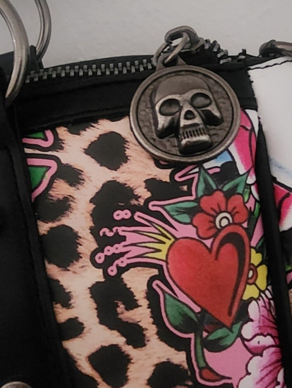 Ed Hardy Leopard Skull Floral Satchel - Black/Tan/Pink/Red - Picture 3 of 7